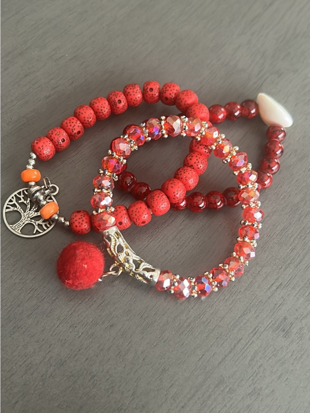 Red Beaded Stretch Bracelet Set with Charms